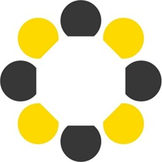 logo van het dialoogcentrum, vier gele en vier grijze bolvormen vormen een cirkel