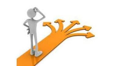 tekening, een grijs poppetje krabbelt op zijn hoofd, onder zijn voeten is ene gele streep die uitloopt in vijf pijlen, elk een andere kant op