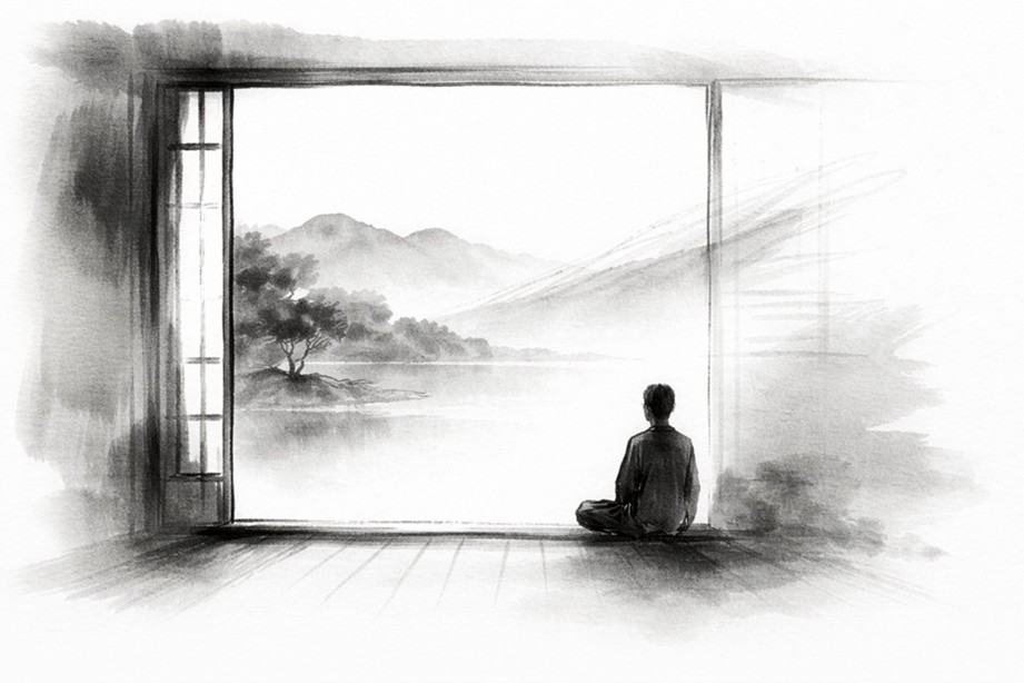 sumi e tekening, een persoon zit op de grond en kijkt door een grote opening naar een tuin